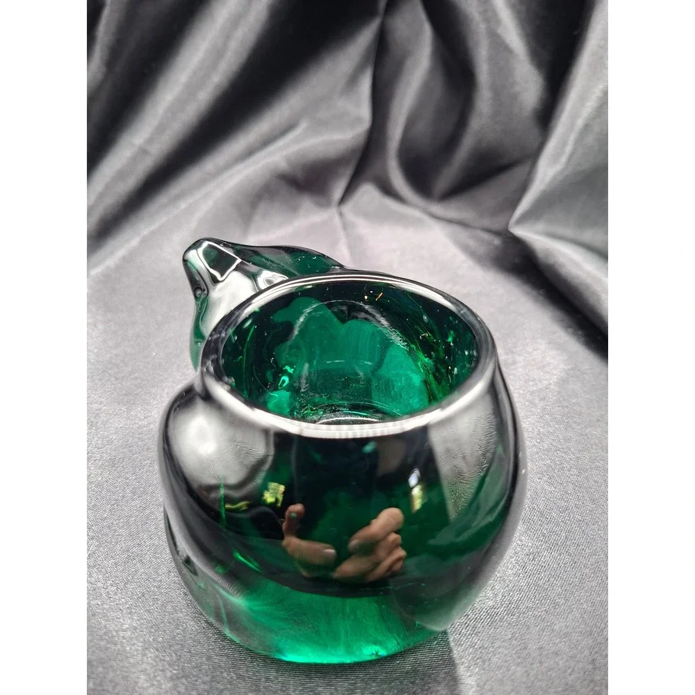 Vintage Emerald Green Art Glass Sleeping Cat Votive Candle Holder Figurine